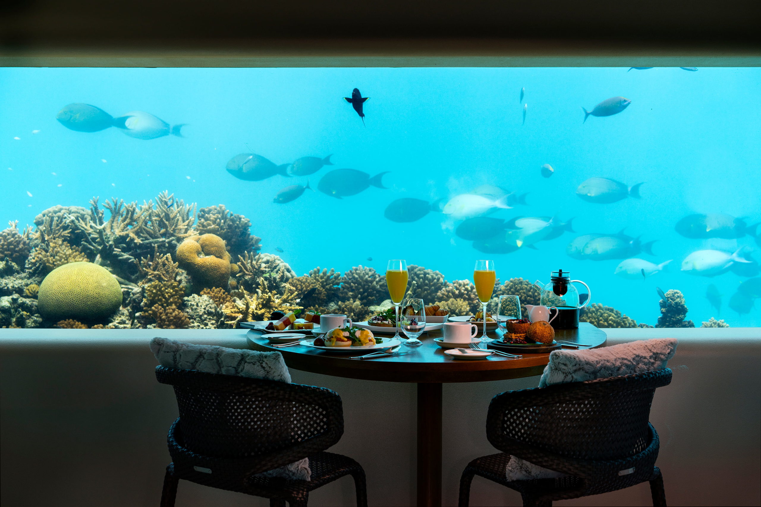 Underwater dining, Huvafen Fushi, Maldives